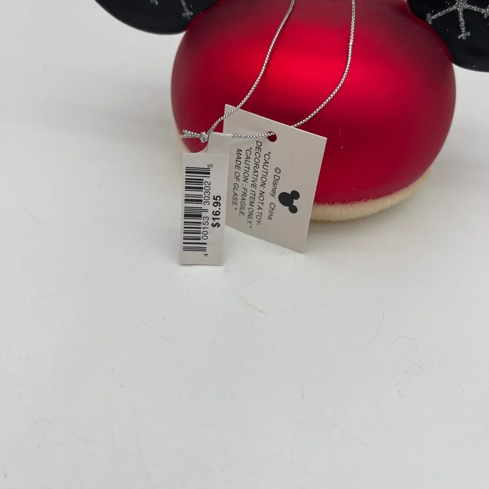 Disney Parks Mickey Mouse Ear Hat Glass Christmas Ornament Red Snowflake NEW